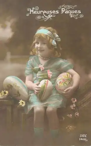 Postcard children France Heureuses Paques elegant girl with large Easter eggs and pearls