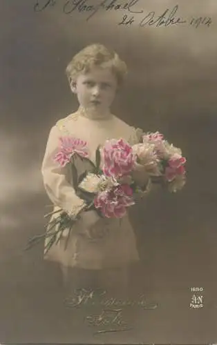 Postcard children France elegant boy flower bouquet 1914