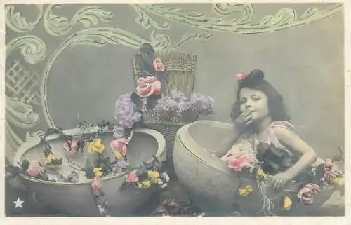 Postcard children France Easter egg preasent coiffure elegance flowers