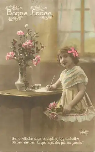 Postcard children France Bonne Annee girl writing at desk elegance beauty