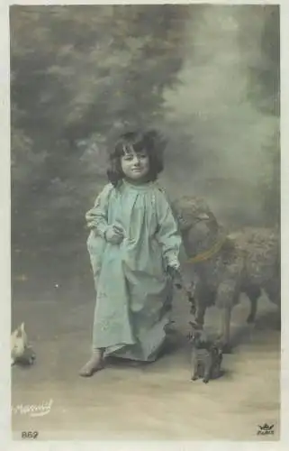 Postcard children France Lyon 1915 girl with sheep innocence