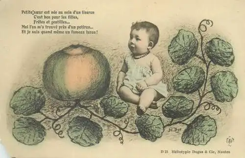 Postcard children France baby bebe in garden