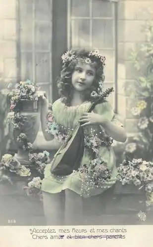 Postcard children France girl elegant dress flowers and mandolin