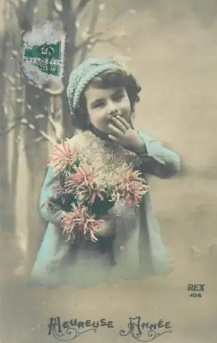 Postcard children France Heureuse Annee girl with flowers elegance dress