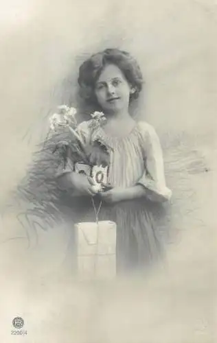 Postcard children Germany girl etch joy beauty dress