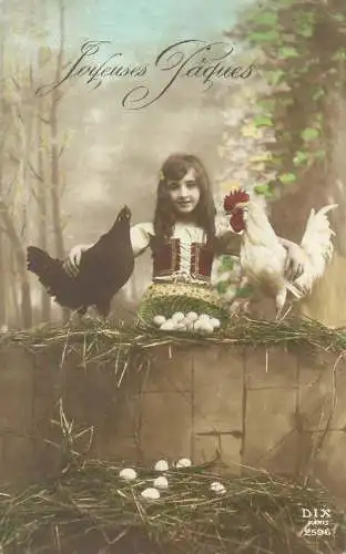 Postcard children France Joyeux  Paques girl with rooster and eggs