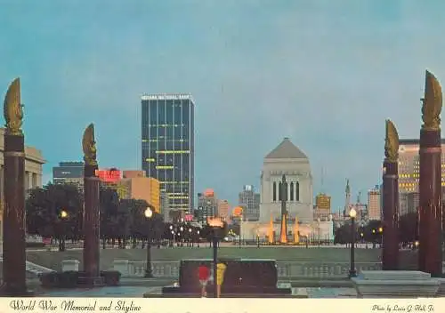 USA Indianapolis IN World War Memorial and Skyline at dusk