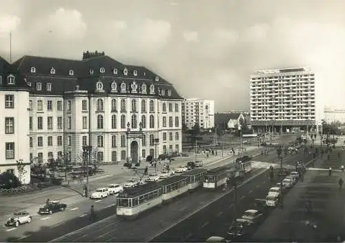 Postcard Germany Dresden Thalmannstrasse with museum and view to Amalienstrasse