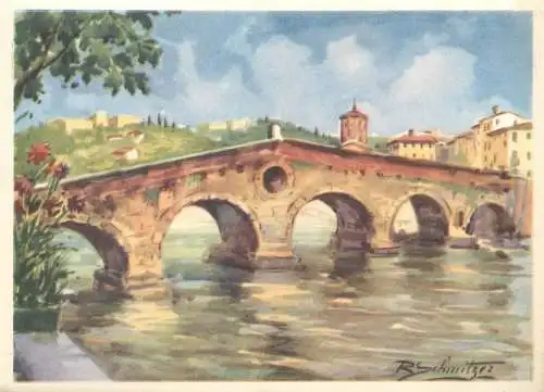 Italy Verona Ponte Pietra signed illustration