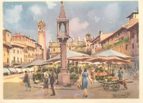 Italy Verona Piazza delle Erbe signed illustration