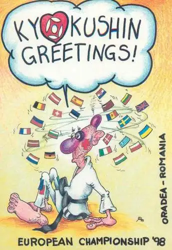 Funny caricature Kyokushin Greetings European Championship '98 Oradea illustration martial arts karate sport humour