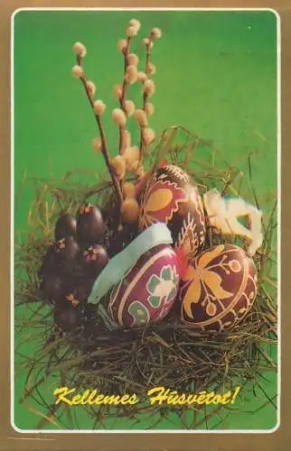 Easter Holiday greetings blossom willow branch and pencilled eggs