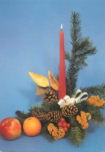 Christmas Holiday greetings lit candle apples decorative ornament