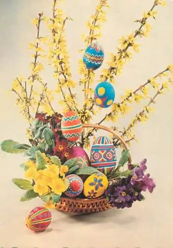 Easter Holiday greetings pencilled eggs basket decorative floral arrangement