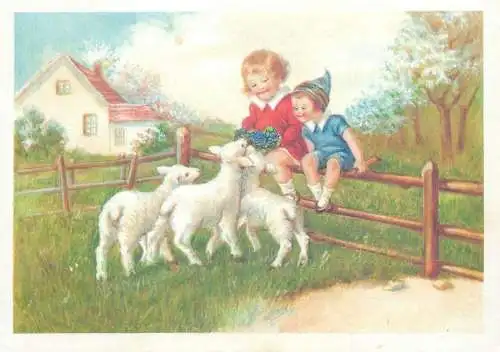 Easter Holiday greetings children types lambs