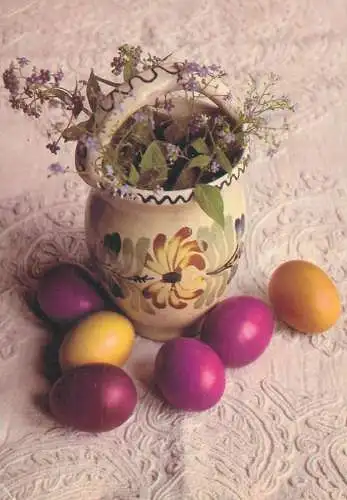 Easter Holiday greetings pencilled eggs wild flowers vase decorative ornament