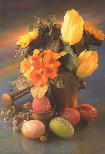 Easter Holiday greetings pencilled eggs decorative floral arrangement ornament