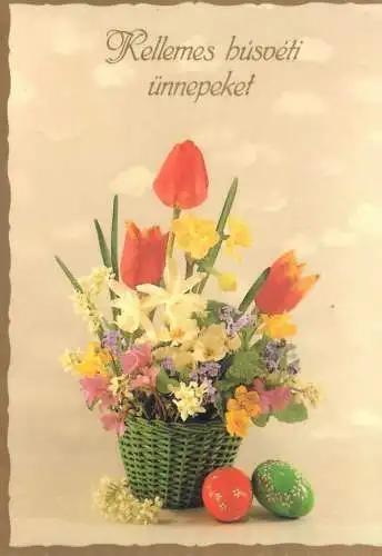 Easter Holiday greetings pencilled eggs tulips decorative floral basket arrangement