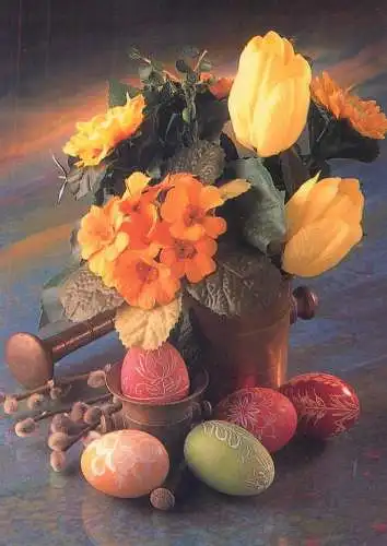 Easter Holiday greetings pencilled eggs decorative floral arrangement