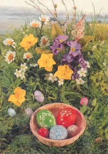 Easter Holiday greetings pencilled eggs basket colourful floral arrangement