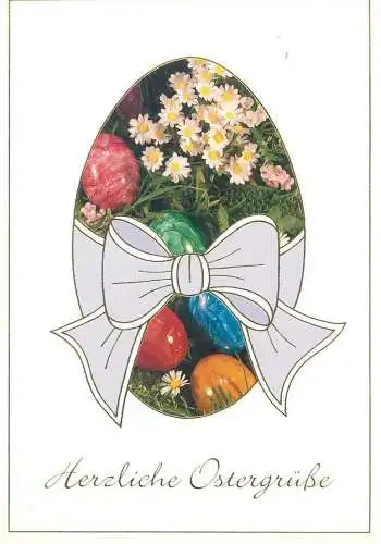 Easter Holiday greetings painted eggs ribbon-wrapped egg-shaped detail view