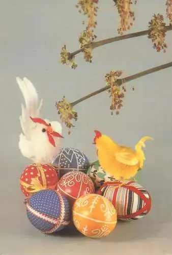 Easter Holiday greetings pencilled eggs rooster and hen toys