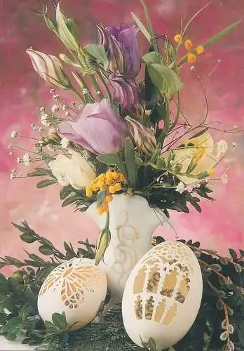 Easter Holiday greetings pencilled eggs colourful floral vase arrangement