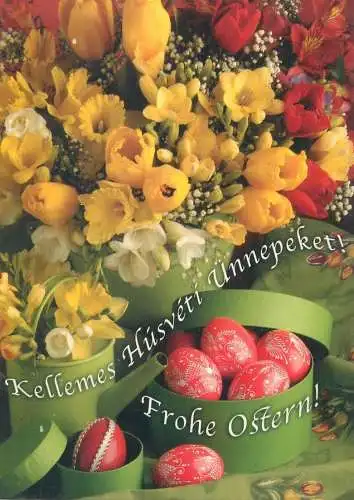 Easter Holiday greetings painted eggs basket colourful floral decorative arrangement detail aspect