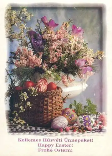 Happy Easter Holidays greetings painted eggs basket colourful floral decorative arrangement