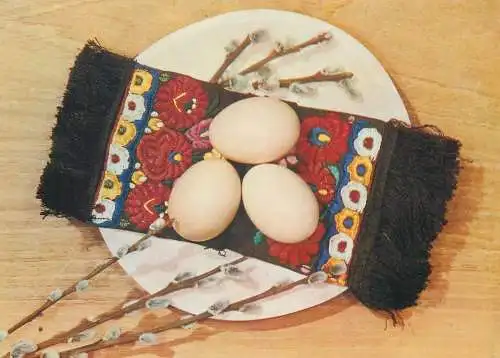 Happy Easter Holidays greetings willow branch eggs
