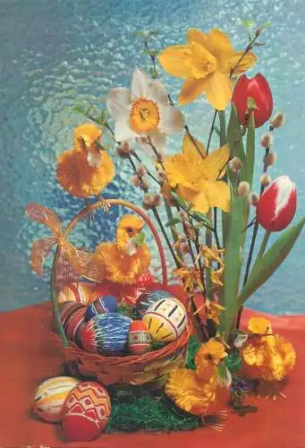 Happy Easter Holidays greetings floral decorative colourful arrangement pencilled eggs basket