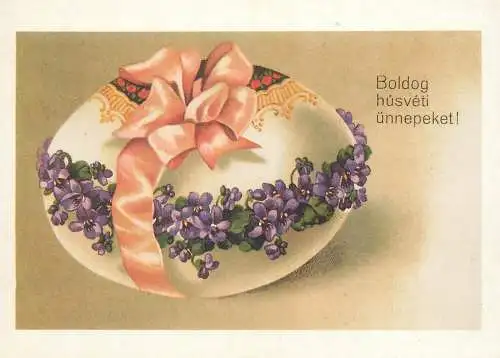 Happy Easter Holidays greetings ribbon-wrapped flower decorated egg
