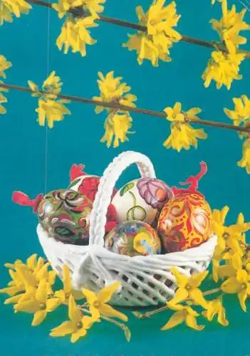 Happy Easter Holidays greetings pencilled eggs basket floral motif