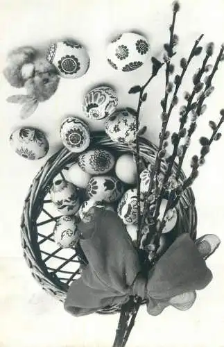 Happy Easter Holidays greetings decorative ornaments pencilled eggs blossom willow branch