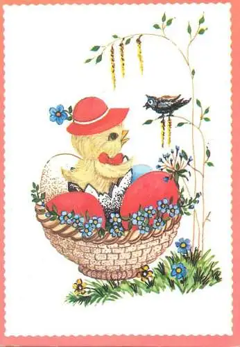 Happy Easter Holidays greetings chicken painted eggs basket