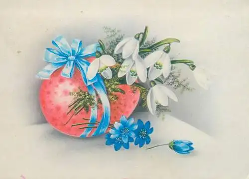Easter Happy Holidays greetings ribbon wrapped painted egg snowdrops flowers