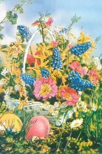 Easter greetings painted eggs colourful floral basket arrangement illustration
