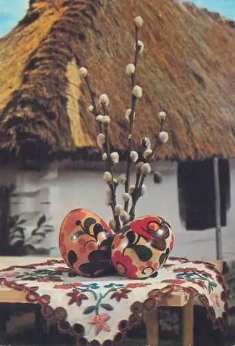 Easter greetings blossom willow branch pencilled eggs old house detail view