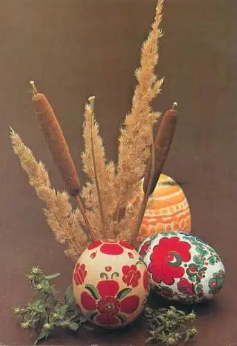 Easter greetings floral motifs pencilled eggs still life