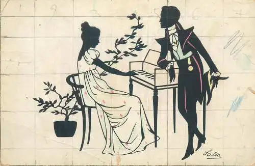 Postcard drawing etch Salka piano player and man