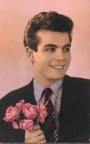 Postcard fancy card smiling man with flower elegant