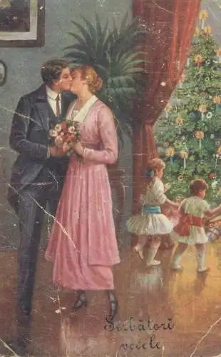 Postcard couples Romania traditions Christmas flower