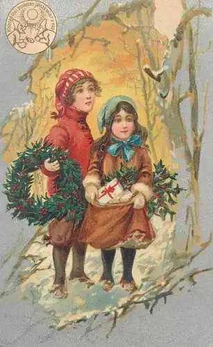 Postcard Christmas scene children with preasents