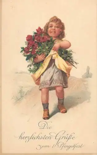 Postcard greetings girl with large rose bouquet