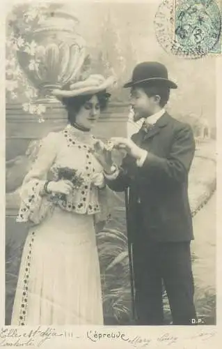 Postcard photo couple french beard hat elegance lady 1903
