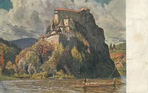 Postcard paintings river raft and castle on a cliff V. Maly Oravsky Zamok 1923