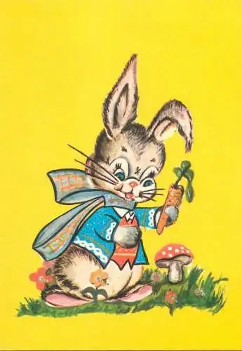 Easter greetings rabbit picking mushrooms illustration