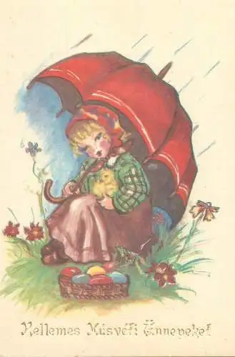 Easter greetings peasant woman with chicken illustration