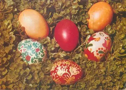 Easter greetings painted eggs floral motifs detail aspect