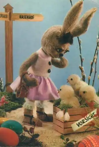 Easter greetings rabbit girl chicken poultry Zoecke Glanz postcard